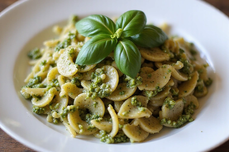 Piatto di pasta integrale con pesto di zucchine e mandorle, guarnito con foglie di basilico