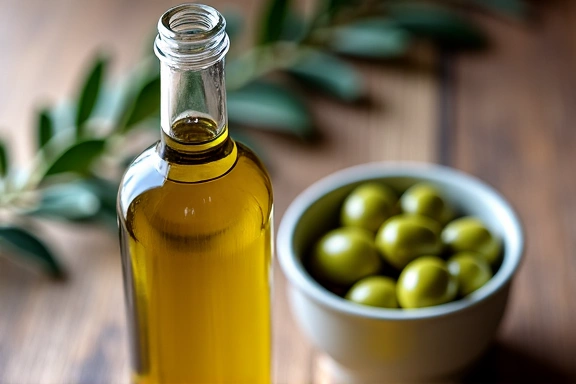 Bottiglia di olio d'oliva extra vergine e olive verdi